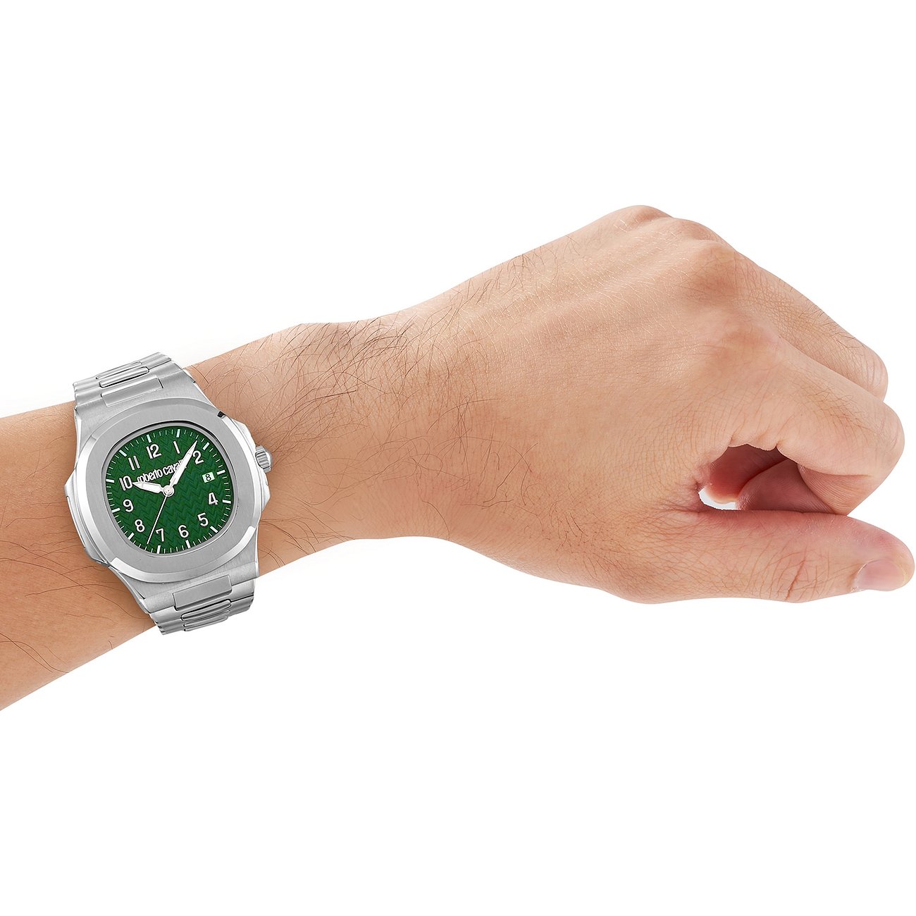 Orologio Just Cavalli uomo in acciaio color petrolio, quadrante e bracciale argento, indossato al polso.