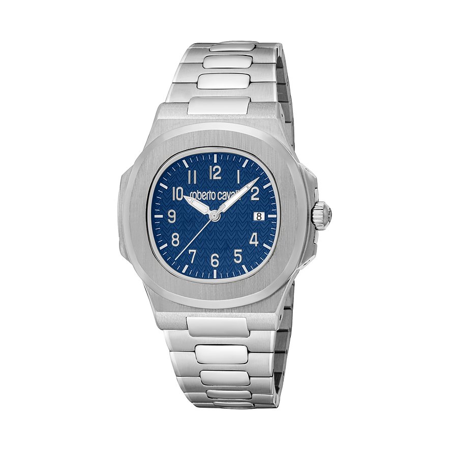 Just Cavalli Herrenuhr aus blauem und silbernem Edelstahl mit dunkelblauem Zifferblatt und Datumsanzeige.