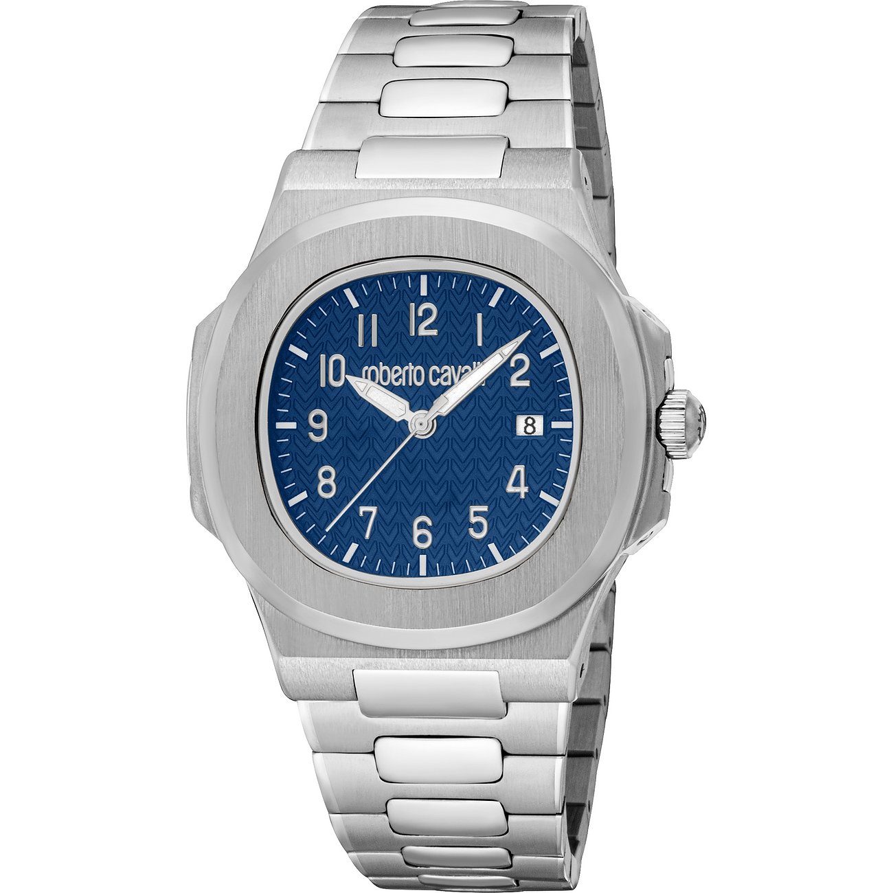 Just Cavalli Herrenuhr aus blauem und silbernem Edelstahl mit dunkelblauem Zifferblatt und Datumsanzeige.