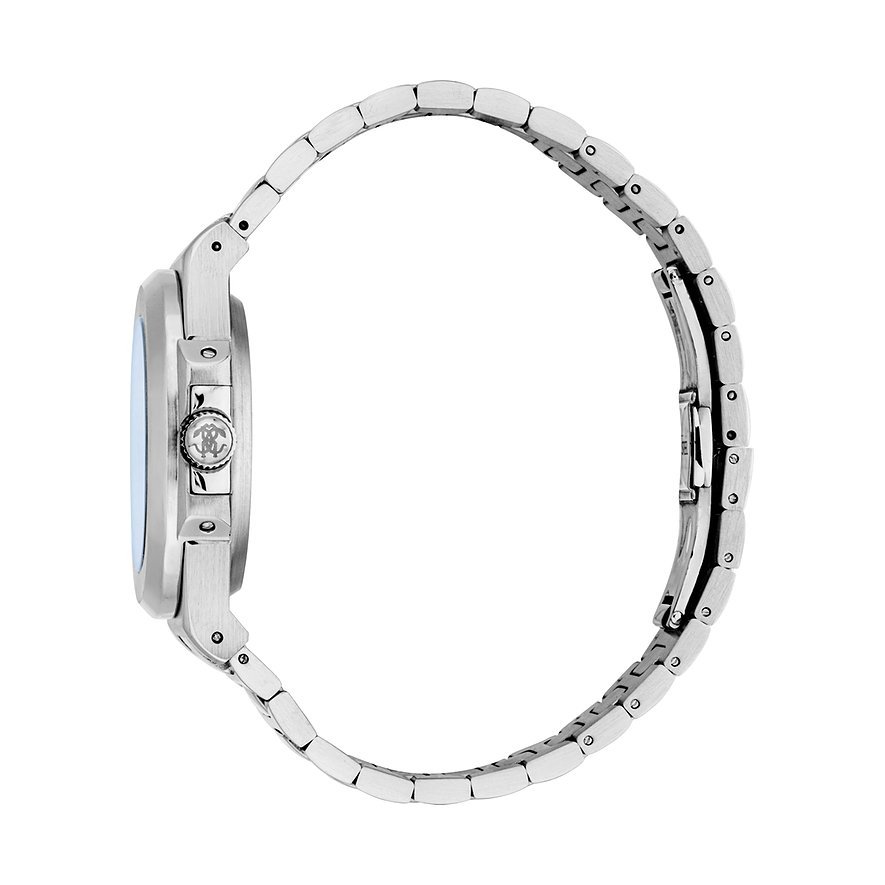 Seitenansicht der Just Cavalli Herrenuhr aus satiniertem Edelstahl mit detaillierter Krone.