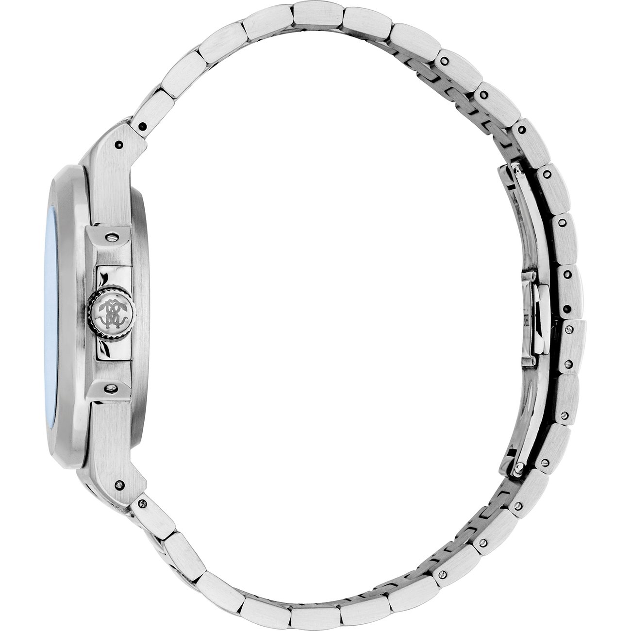 Seitenansicht der Just Cavalli Herrenuhr aus satiniertem Edelstahl mit detaillierter Krone.