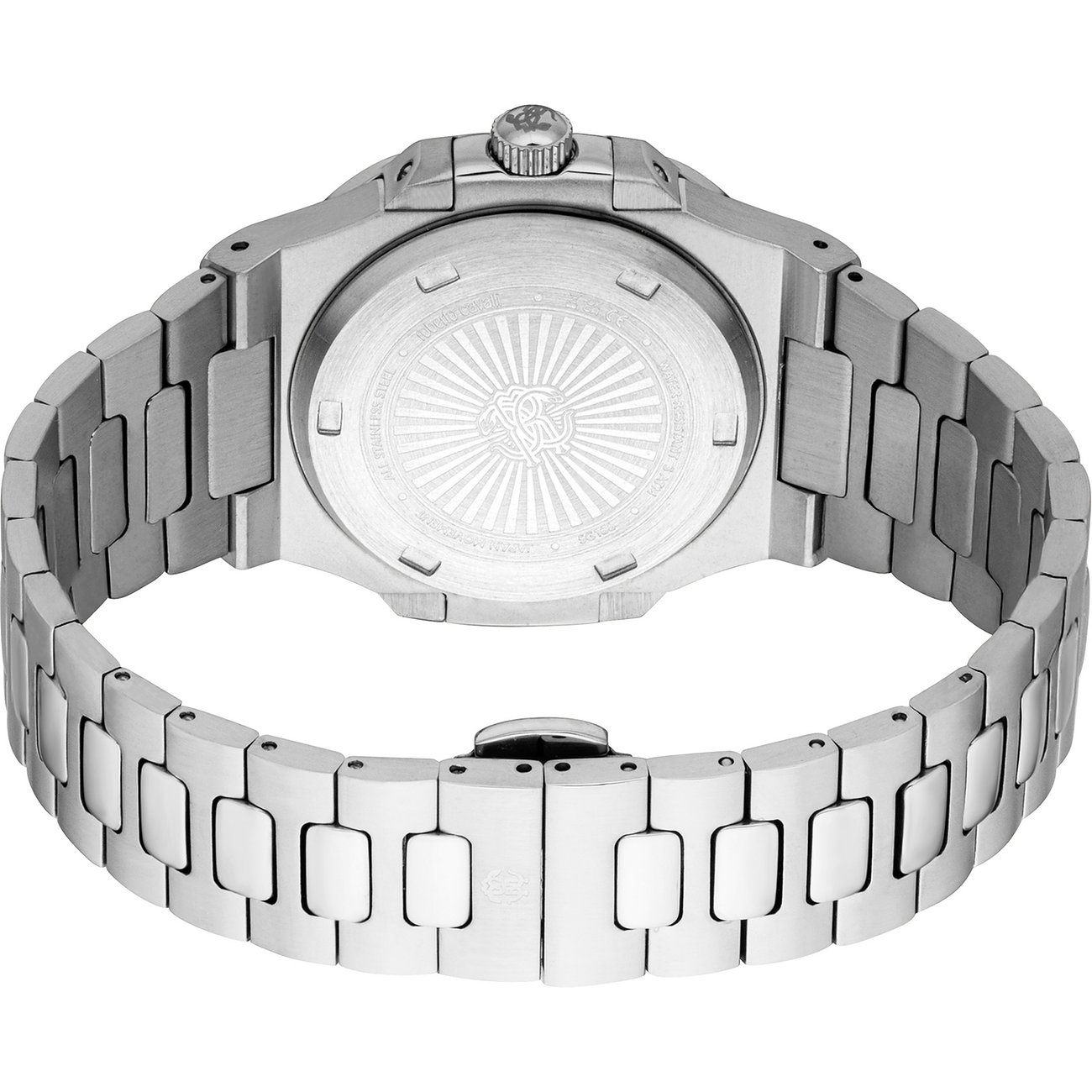 Rückansicht der Just Cavalli Herrenuhr aus silberfarbenem Edelstahl mit eingraviertem Gehäuseboden und Armband.