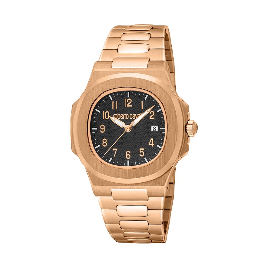 Just Cavalli herenhorloge van roségoudkleurig roestvrij staal met zwarte wijzerplaat en datumaanduiding.