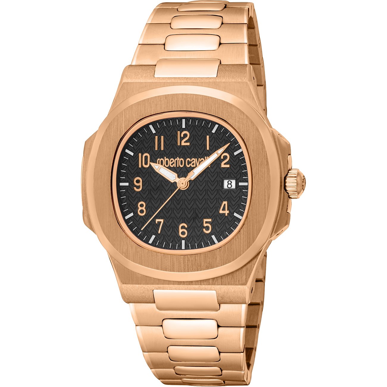 Just Cavalli herenhorloge van roségoudkleurig roestvrij staal met zwarte wijzerplaat en datumaanduiding.