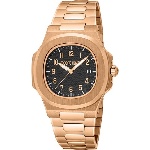 Just Cavalli Herrenuhr aus roségoldfarbenem Edelstahl mit schwarzem Zifferblatt und Datumsanzeige.