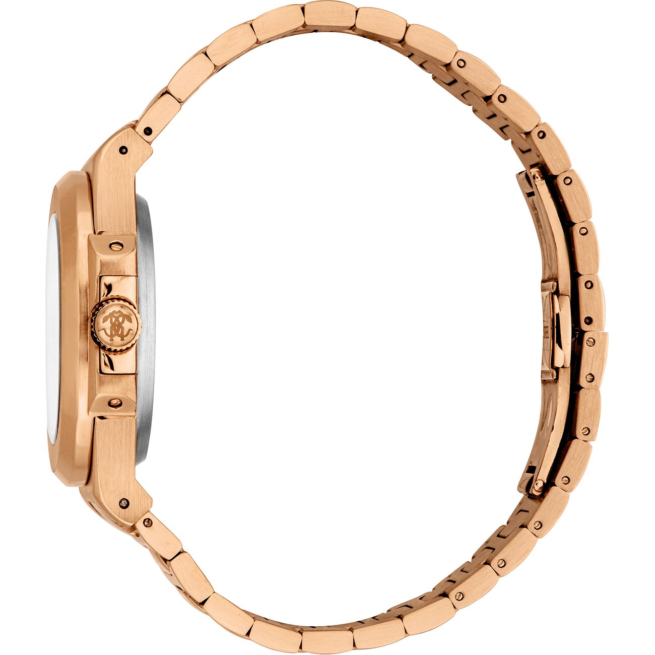 Zijaanzicht van het roségoudkleurige Just Cavalli herenhorloge van roestvrij staal met kroon.