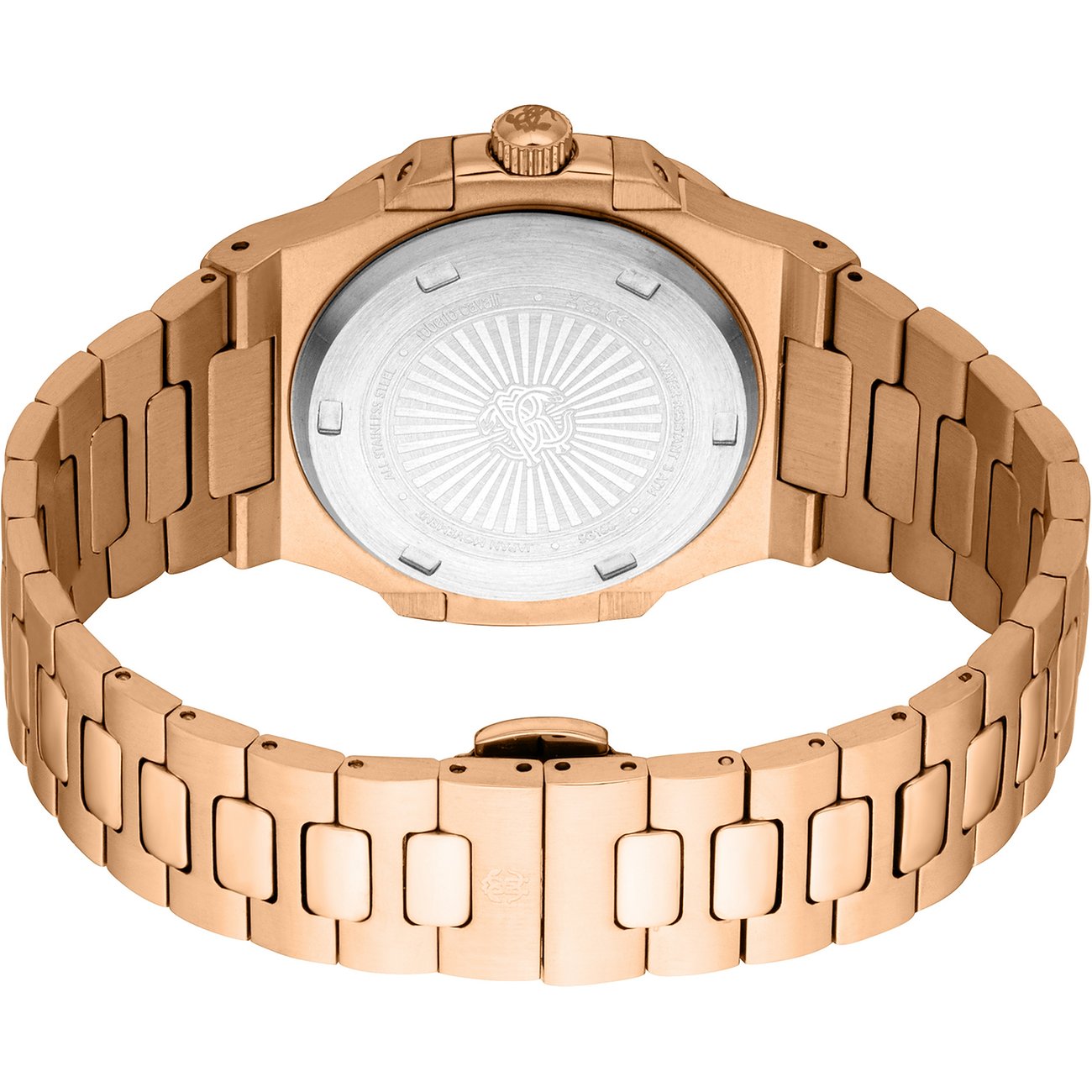 Achteraanzicht van het Just Cavalli herenhorloge in roségoudkleurig roestvrij staal. De kastachterkant is zilver.