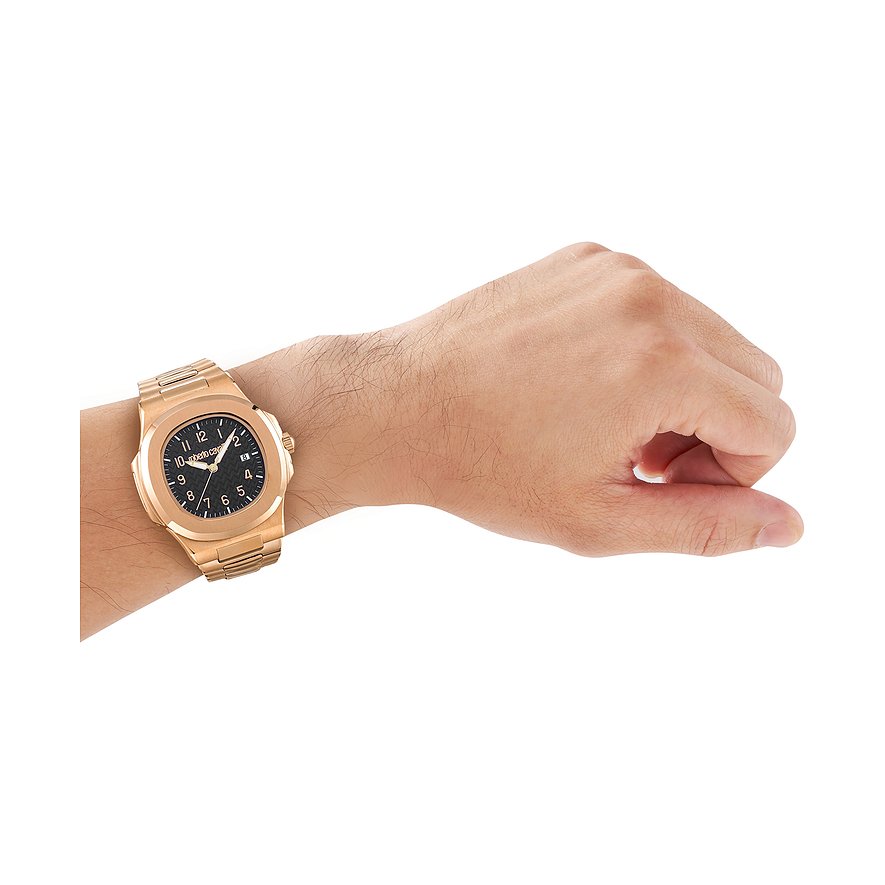 Just Cavalli herenhorloge, goudkleurig edelstaal met zwarte wijzerplaat, gedragen om de pols.