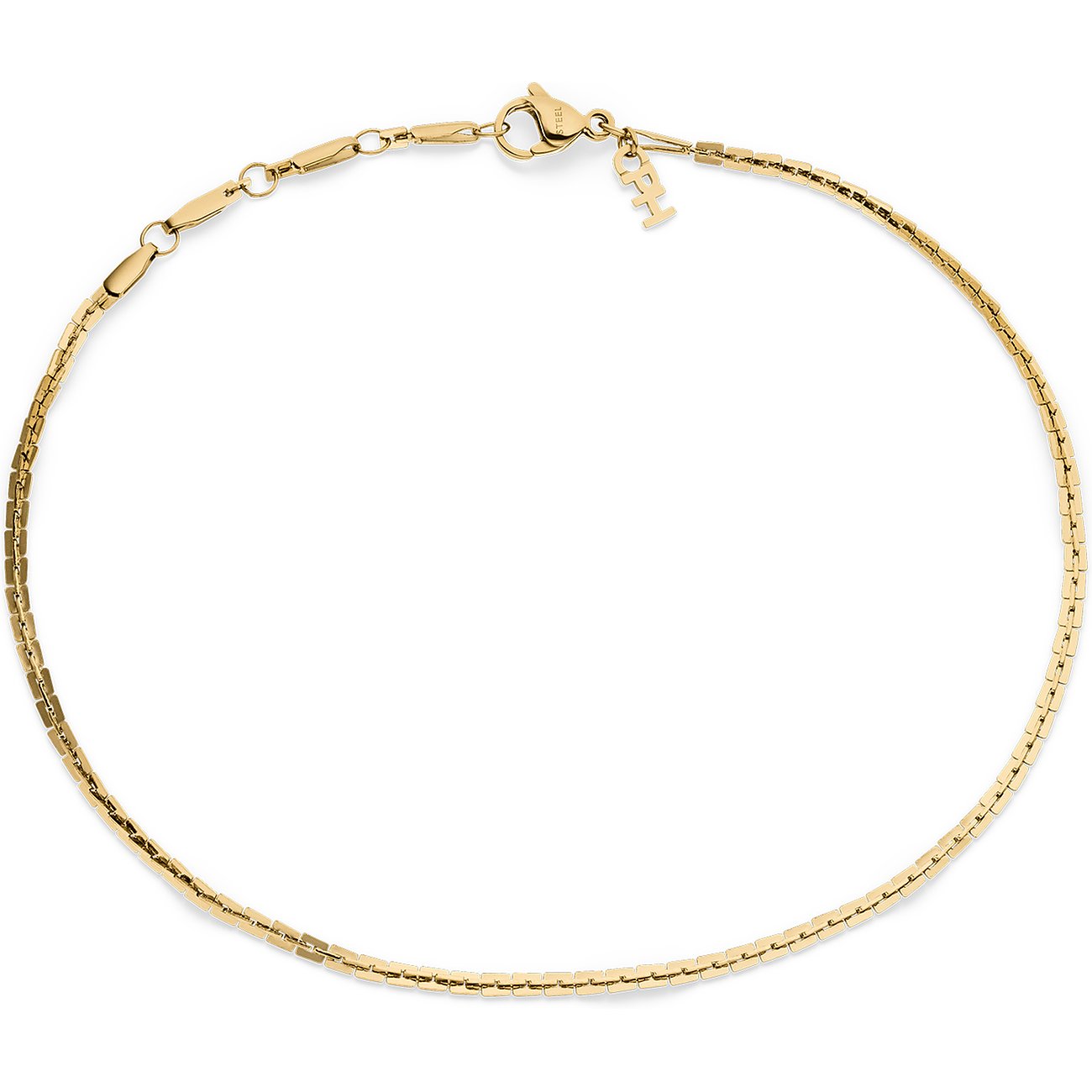 Copenhagen Studios goldfarbene Schlangenkette aus Edelstahl mit Karabinerverschluss und Markenanhänger.