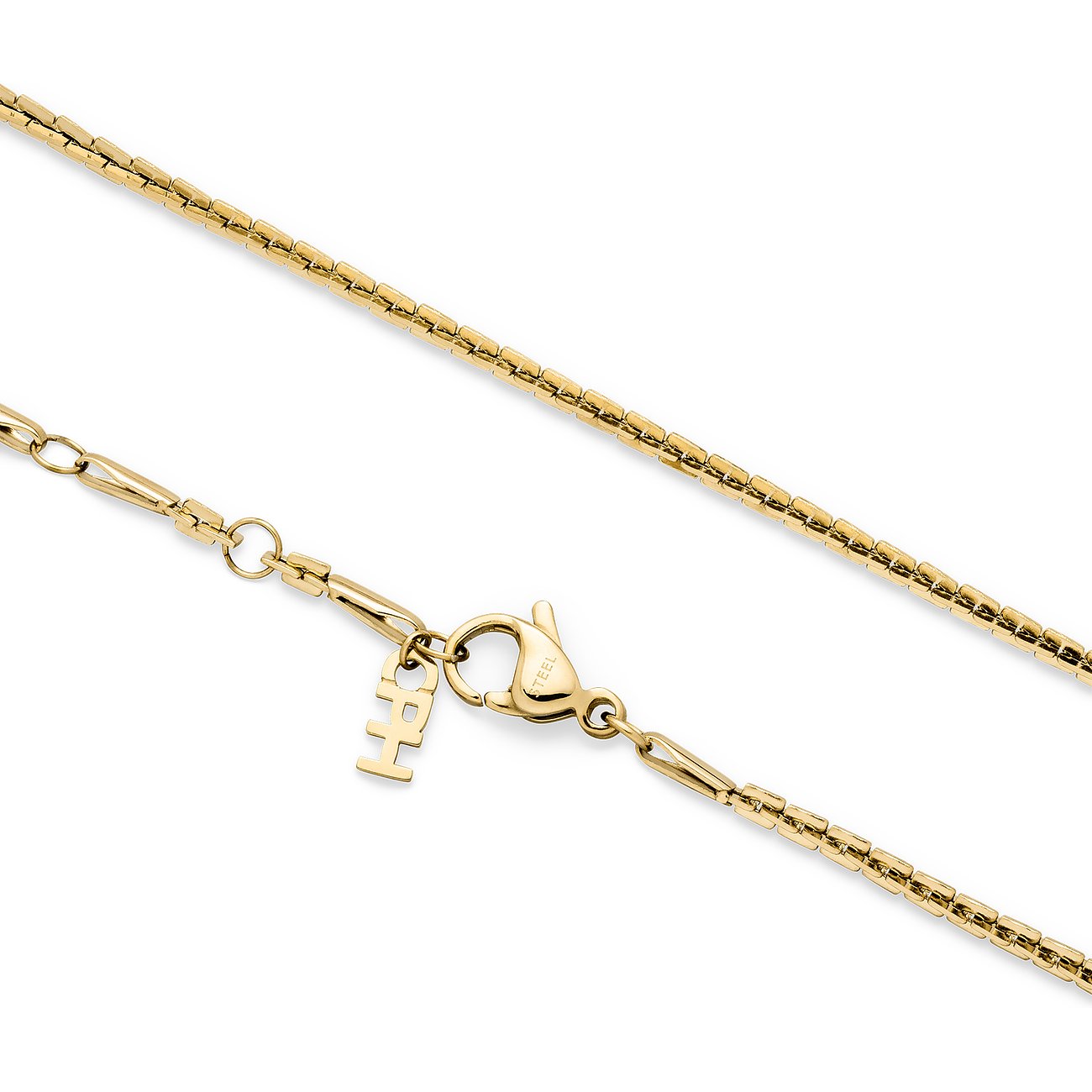 Kette von Copenhagen Studios aus goldenem Edelstahl mit einem Verschluss und einem Logo-Anhänger.