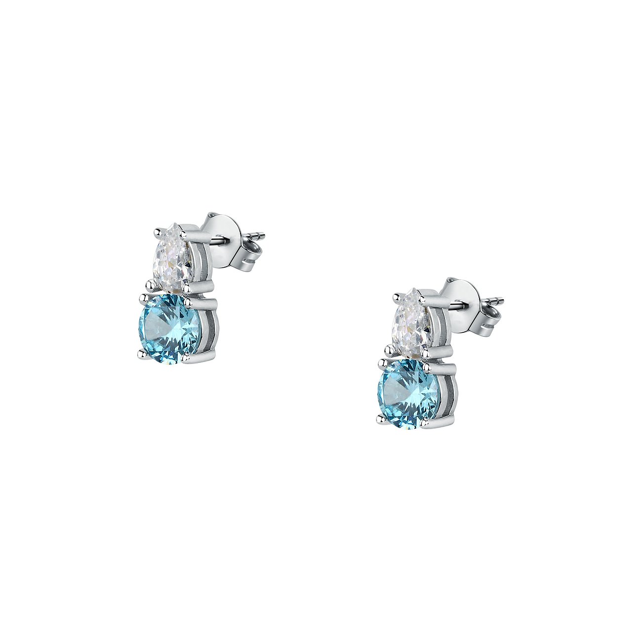 FAVS Ohrstecker 925er Silber. Tropfenförmiger, klarer Zirkonia, darunter ovaler, hellblauer Zirkonia.