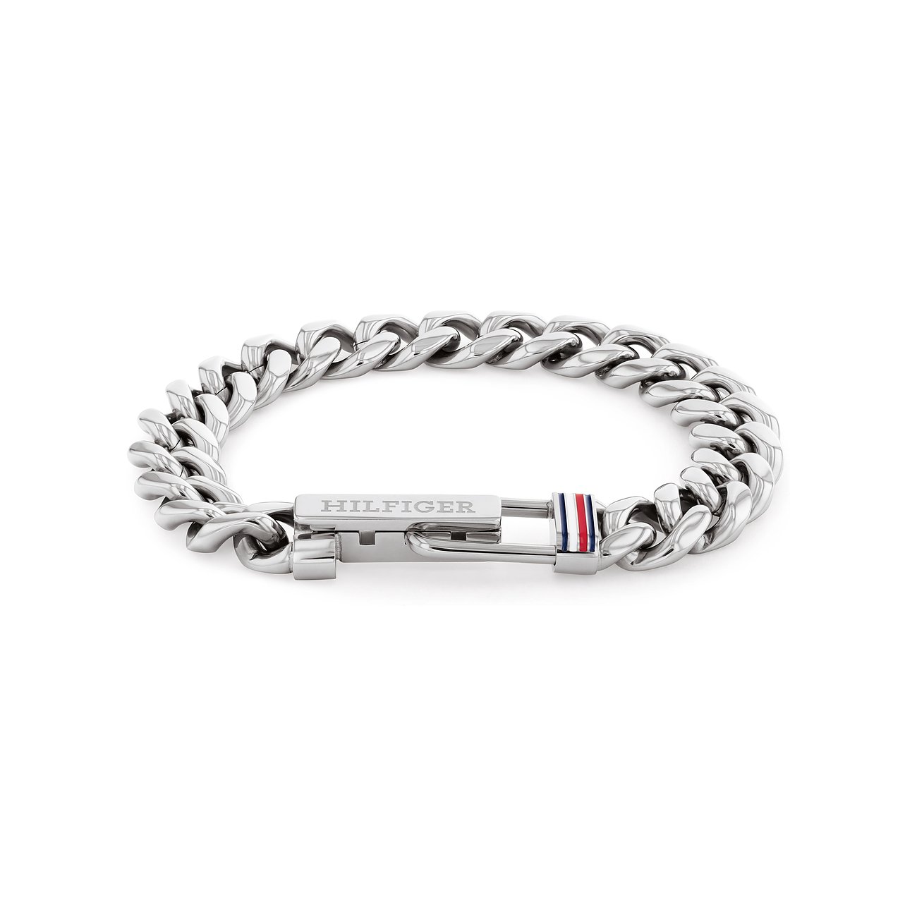 Tommy Hilfiger Armband aus glänzendem Edelstahl mit Panzerketten-Design und Schnallenverschluss mit „Hilfiger“-Prägung.