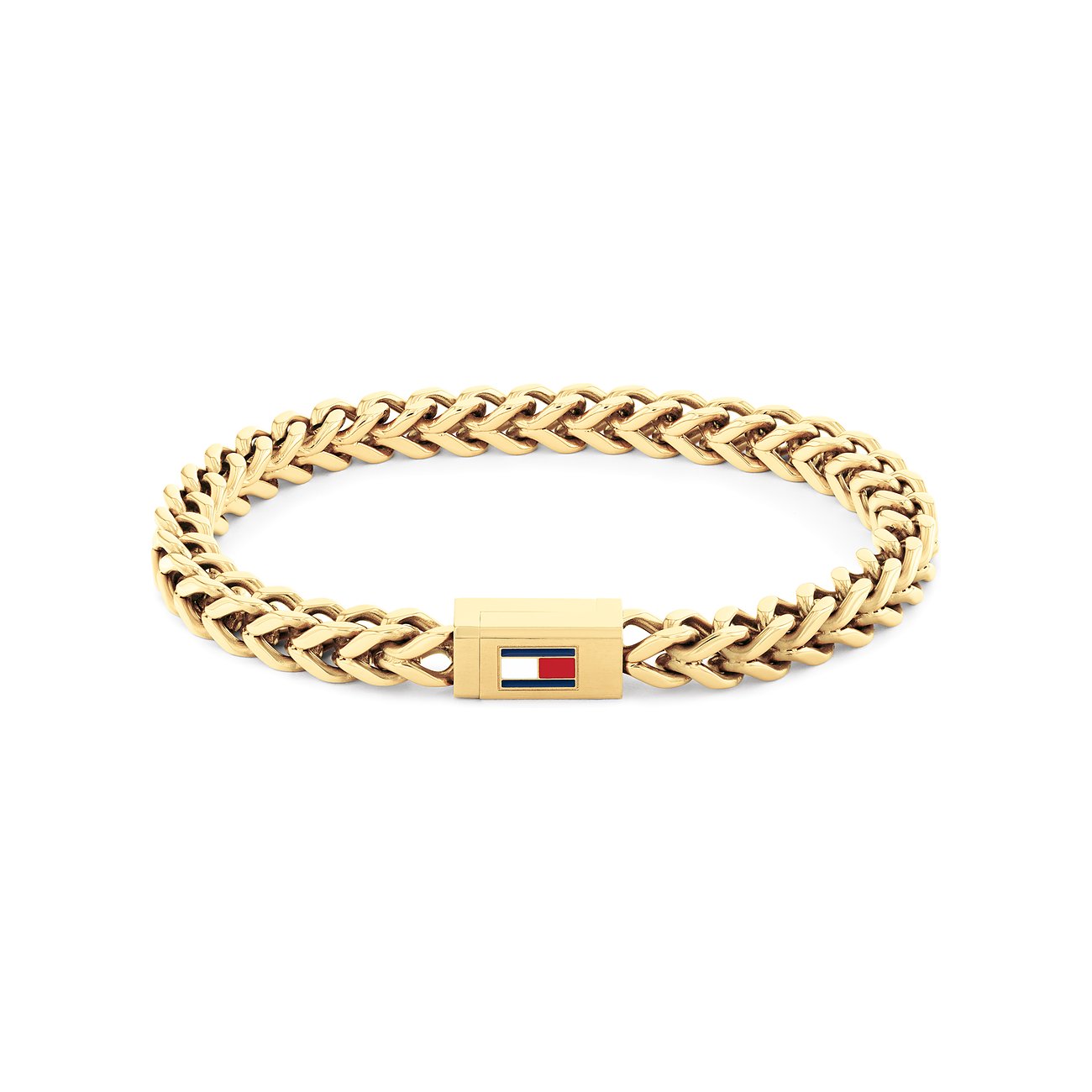 Ein Tommy Hilfiger Armband aus goldfarbenem Edelstahl mit Flechtstruktur und rechteckiger Schließe mit Markenlogo.