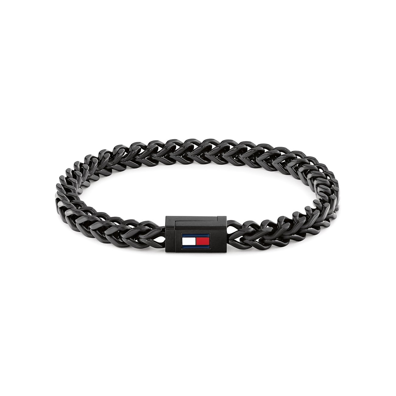 Geschwärztes Tommy Hilfiger Edelstahl-Armband mit Kettengliedern und rechteckigem Verschluss mit Markenlogo in Nahaufnahme.