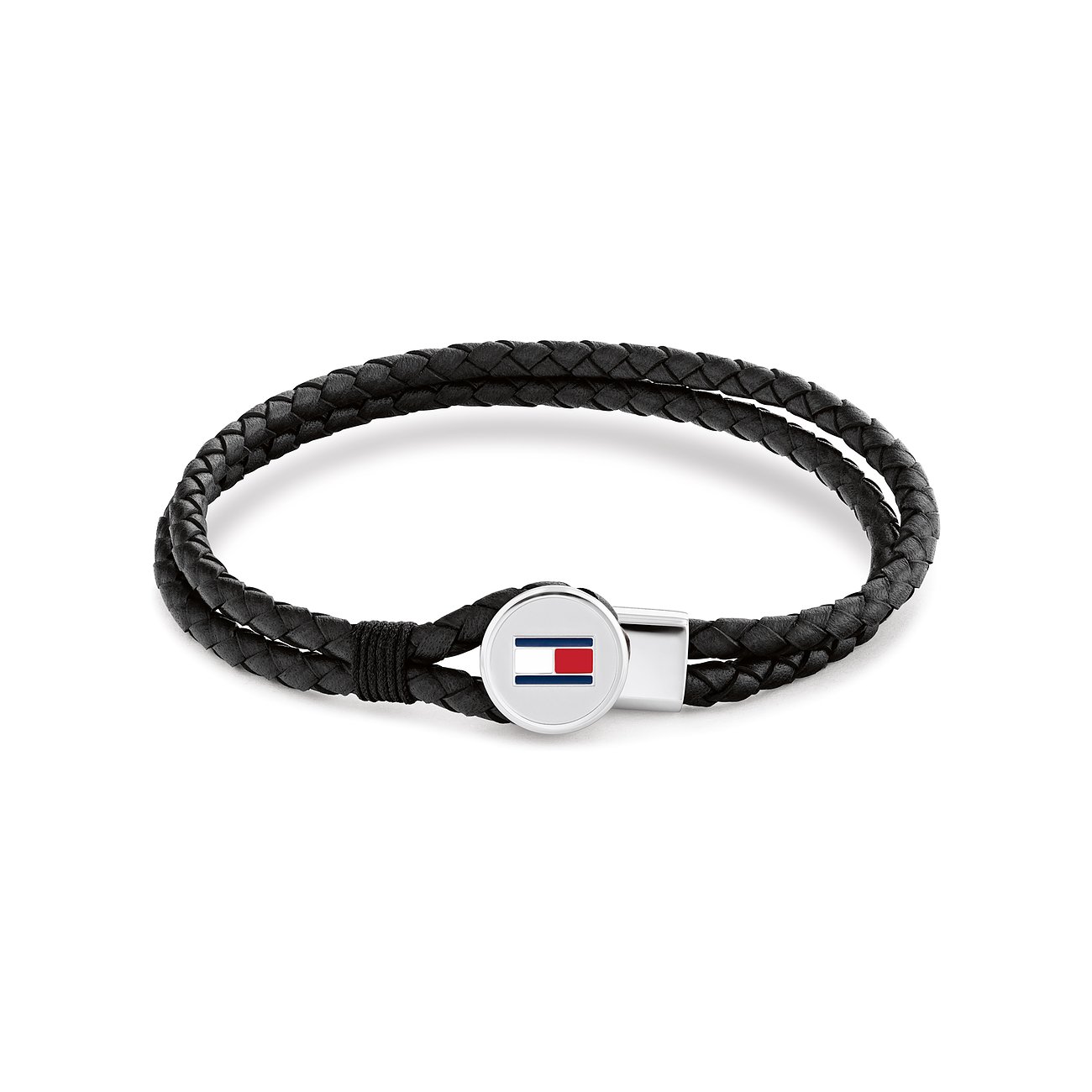 Tommy Hilfiger armband: gevlochten zwart leer met een ronde roestvrijstalen sluiting.