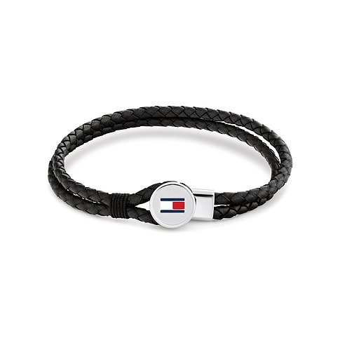 Tommy Hilfiger Armschmuck aus schwarzem, geflochtenem Leder mit einem runden Edelstahlverschluss.
