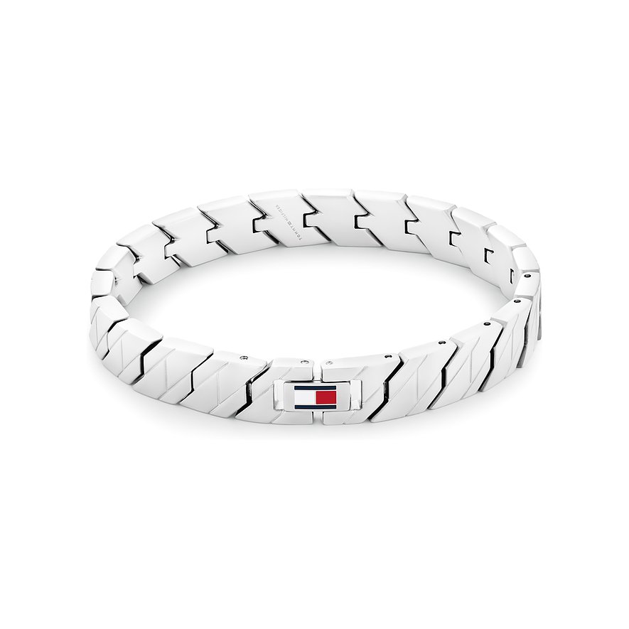 Tommy Hilfiger Armband aus silberfarbenem Edelstahl mit Tommy Hilfiger Flaggen-Logo auf dem Verschluss.