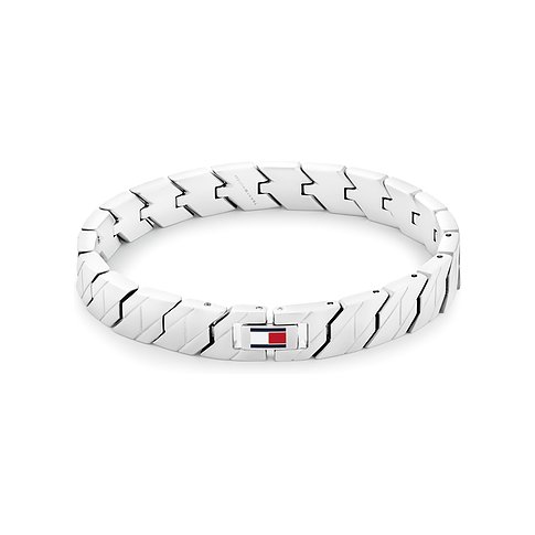 Tommy Hilfiger Armband aus silberfarbenem Edelstahl mit Tommy Hilfiger Flaggen-Logo auf dem Verschluss.