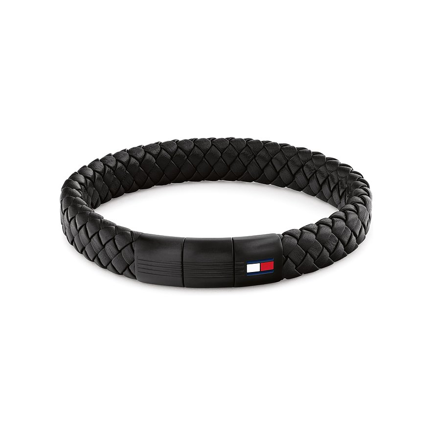 Tommy Hilfiger Armband aus schwarzem geflochtenem Leder mit einem schwarzen Edelstahlverschluss mit Tommy Hilfiger Logo.
