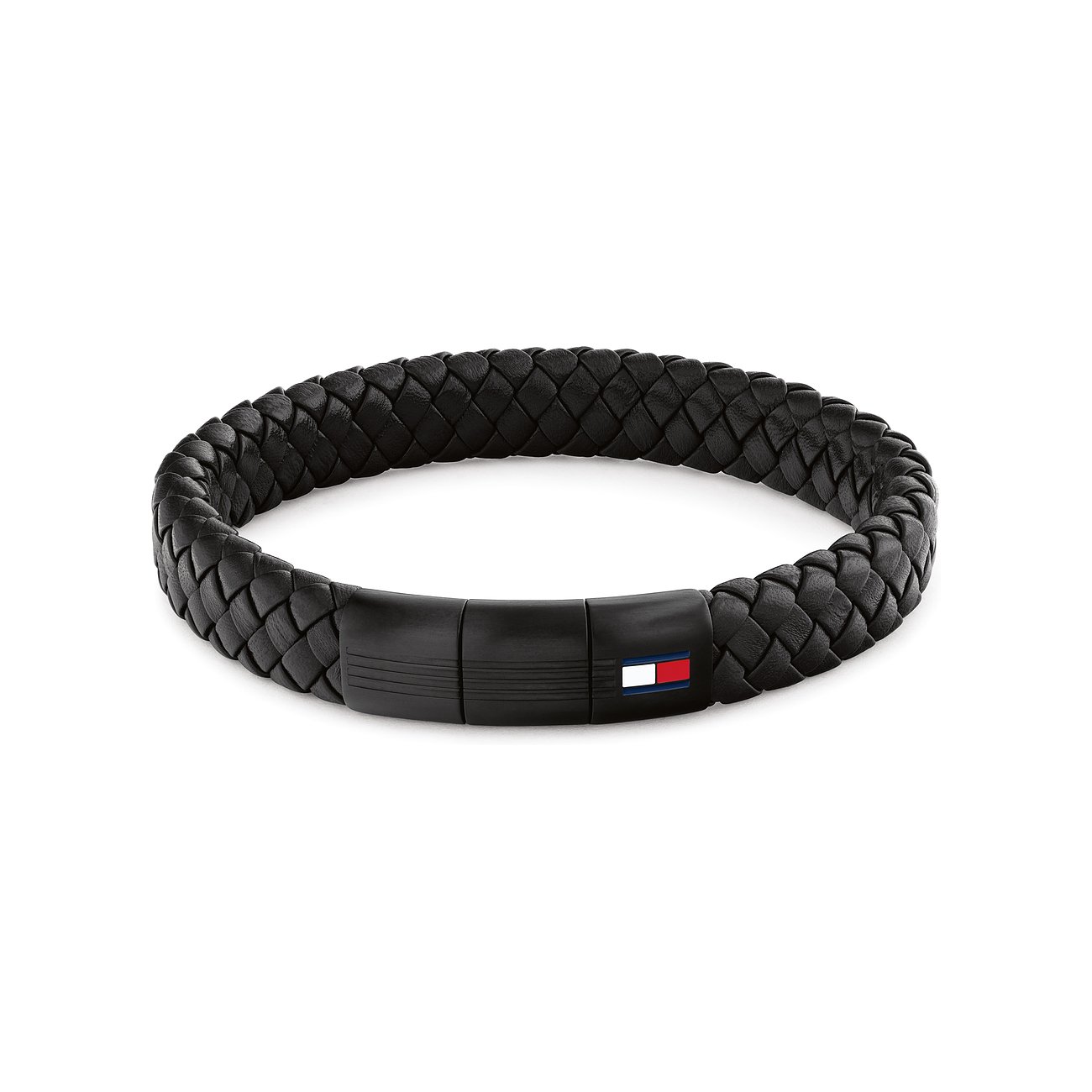 Tommy Hilfiger Armband aus schwarzem geflochtenem Leder mit einem schwarzen Edelstahlverschluss mit Tommy Hilfiger Logo.