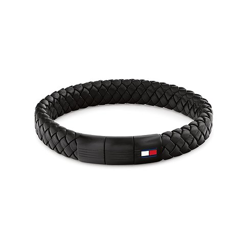 Tommy Hilfiger Armband aus schwarzem geflochtenem Leder mit einem schwarzen Edelstahlverschluss mit Tommy Hilfiger Logo.