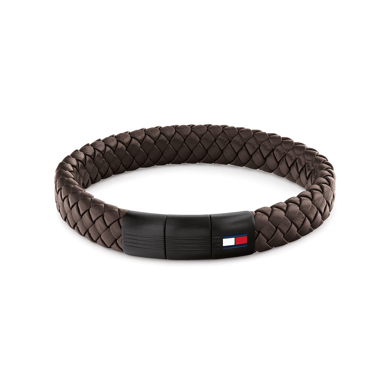 Tommy Hilfiger Armschmuck aus braunem geflochtenem Leder mit schwarzem Edelstahlverschluss und Logo.