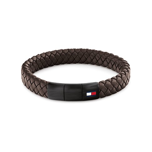 Tommy Hilfiger Armschmuck aus braunem geflochtenem Leder mit schwarzem Edelstahlverschluss und Logo.