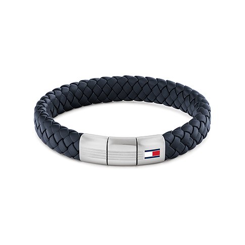 Tommy Hilfiger Armband aus Edelstahl und schwarzem geflochtenem Leder mit glänzendem Verschluss und Logo.