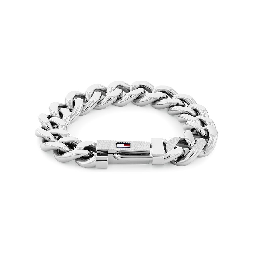 Tommy Hilfiger Armband aus glänzendem Edelstahl mit grober Panzerkette und einem Verschluss mit Logo-Prägung.