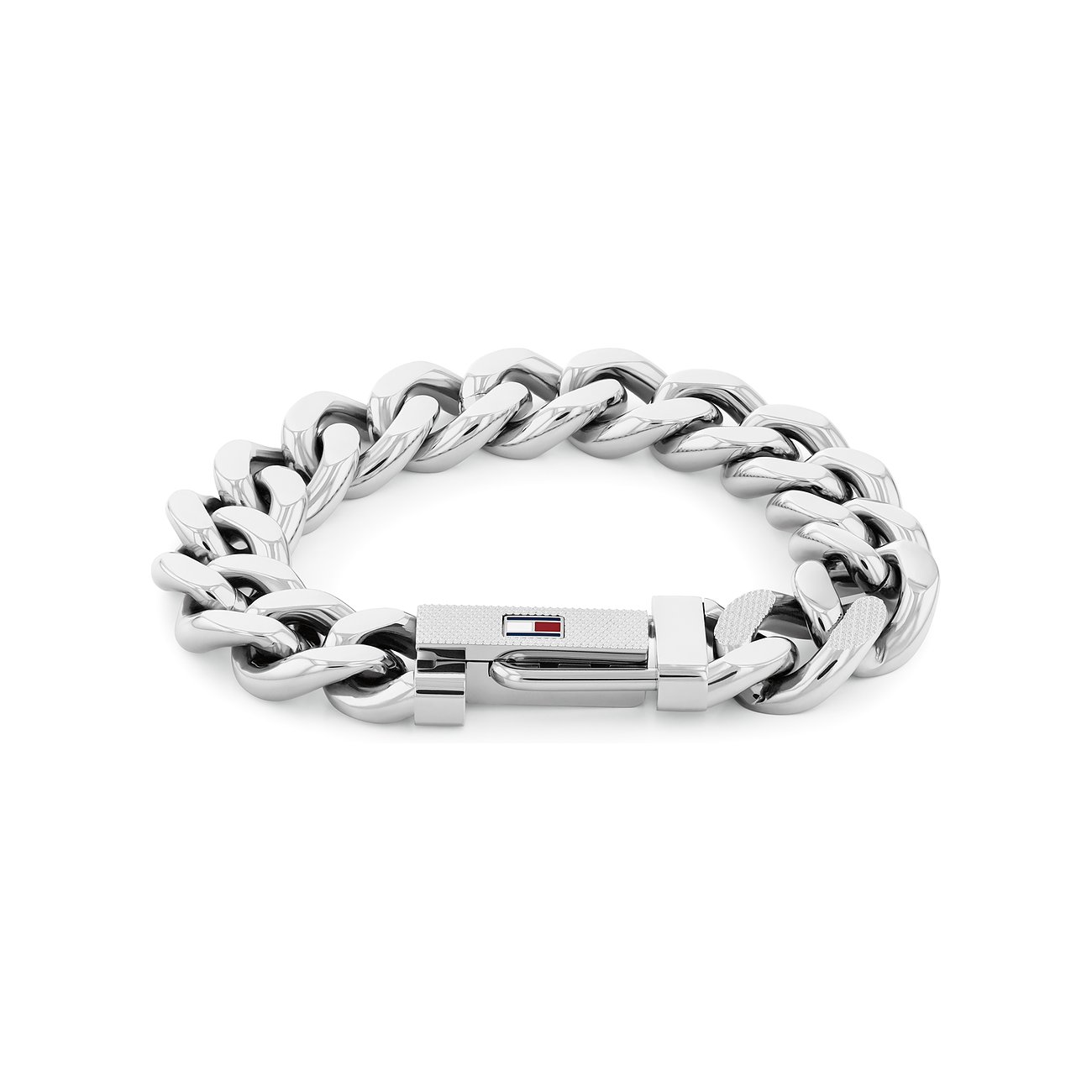 Tommy Hilfiger Armband aus glänzendem Edelstahl mit grober Panzerkette und einem Verschluss mit Logo-Prägung.