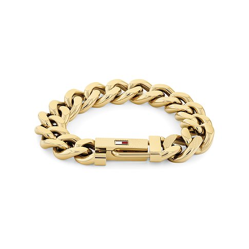 Tommy Hilfiger goldenes Gliederketten-Armband aus Edelstahl mit rotem, weißem und blauem Emblem auf dem Verschluss.