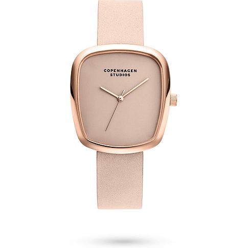 Copenhagen Studios dameur i guldfarvet rustfrit stål med en lyserød urskive og matchende rem.