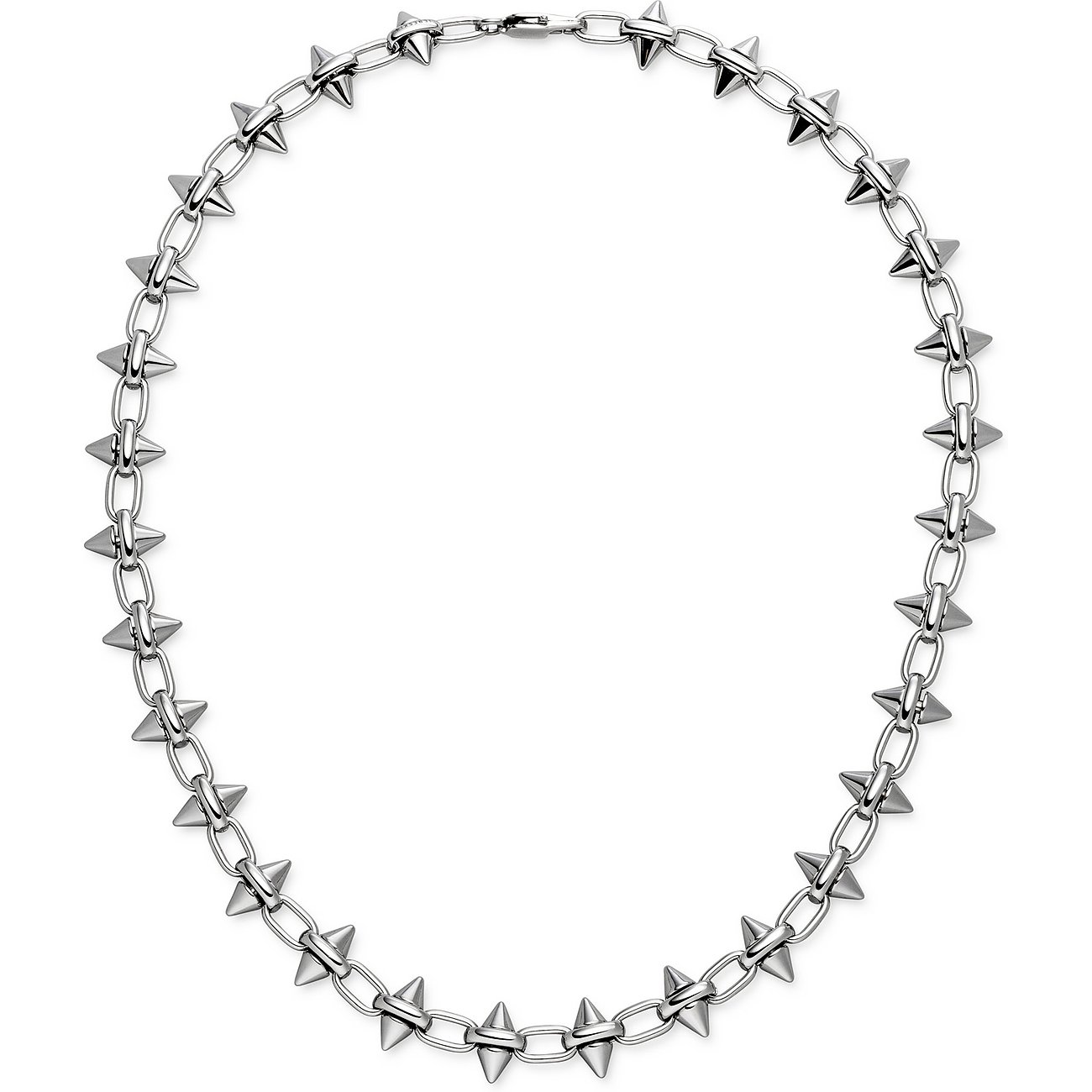Liebeskind ketting van roestvrij staal met puntige klinknagelhanger, van bovenaf gefotografeerd.