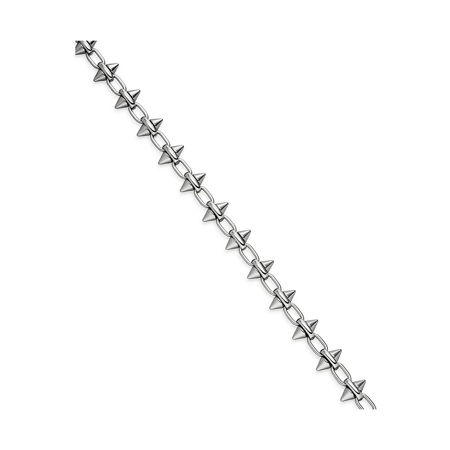 Close-up van een Liebeskind roestvrijstalen ketting, bestaande uit een keten met kleine taps toelopende elementen.