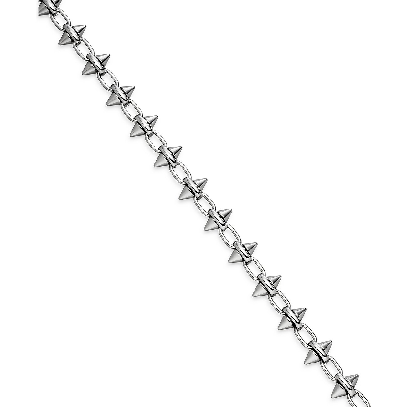 Close-up van een Liebeskind roestvrijstalen ketting, bestaande uit een keten met kleine taps toelopende elementen.