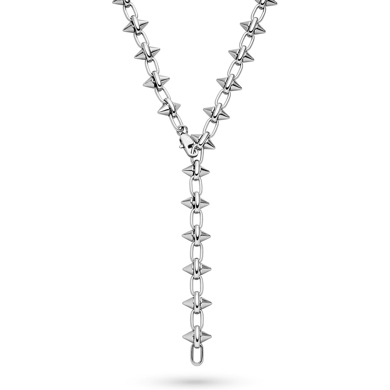 Liebeskind roestvrijstalen halsketting, Y-vormige lariat-ketting met klinknagels en een doodshoofddetail.