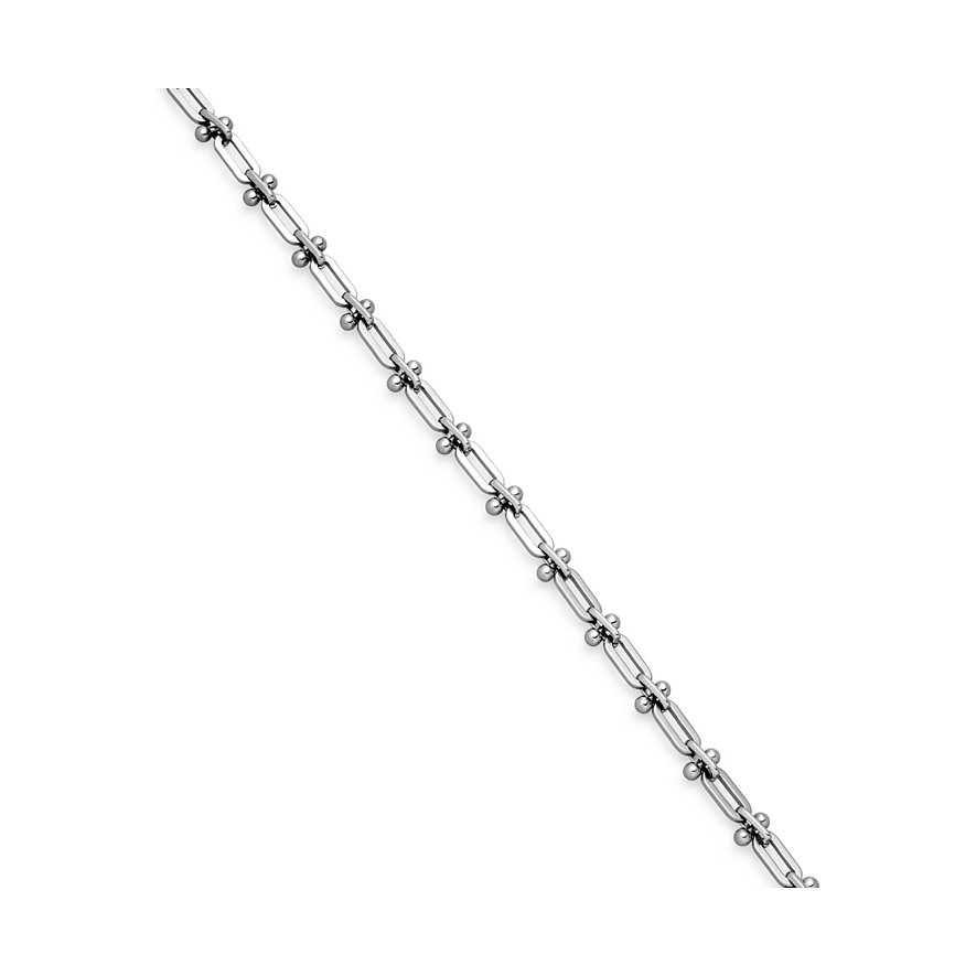 Gros plan d'un collier Liebeskind en acier inoxydable, composé d'une série de maillons rectangulaires à petites billes.