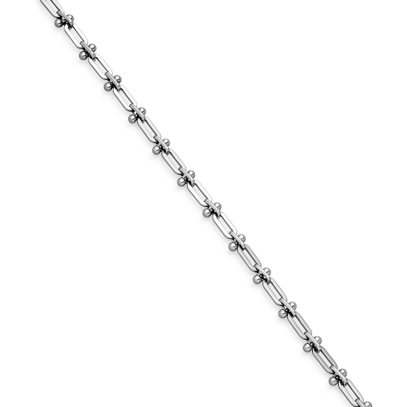 Gros plan d'un collier Liebeskind en acier inoxydable, composé d'une série de maillons rectangulaires à petites billes.