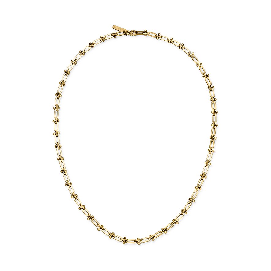 Liebeskind halsband i guldfärgat rostfritt stål med rektangulära länkar prydda med små kulor.