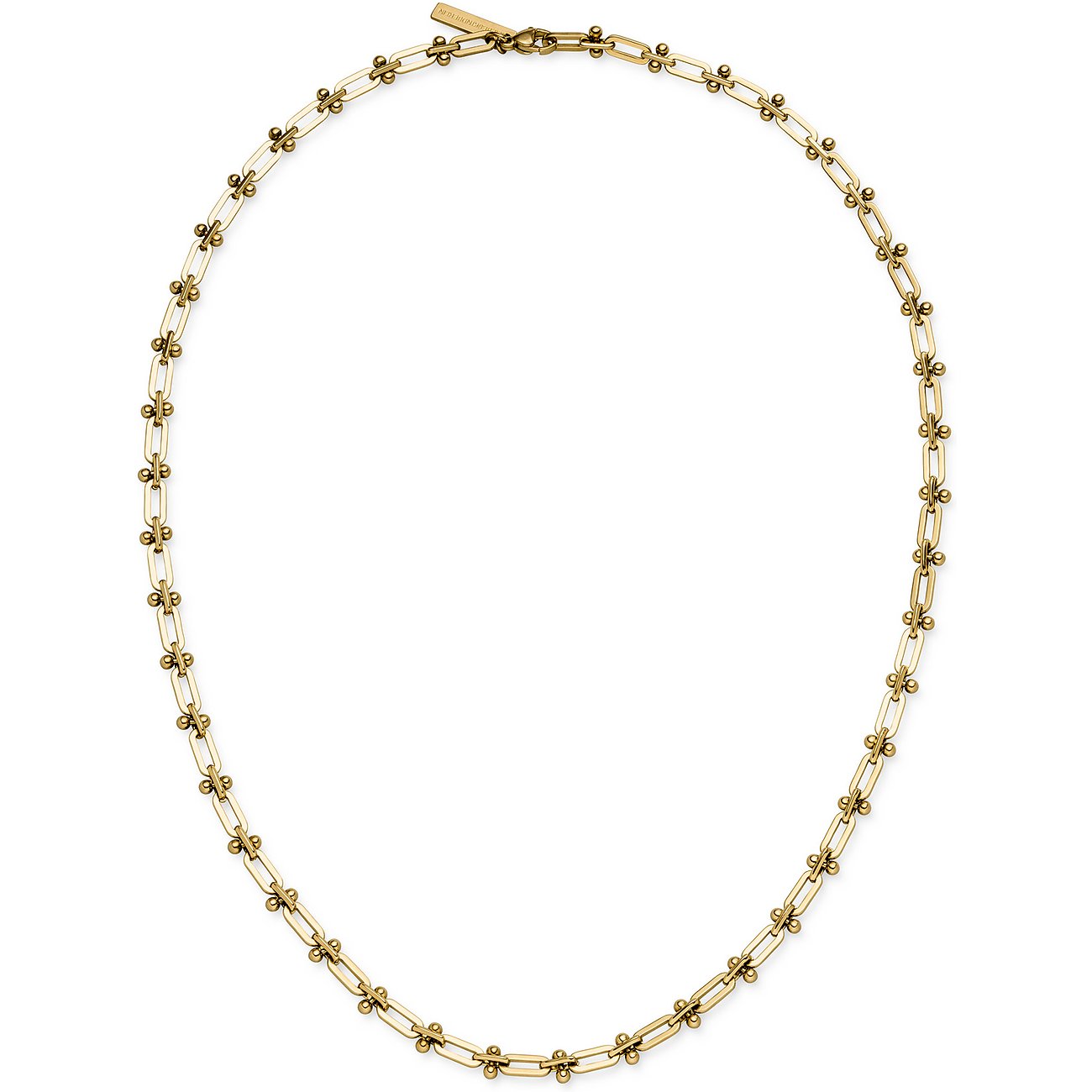 Liebeskind halsband i guldfärgat rostfritt stål med rektangulära länkar prydda med små kulor.
