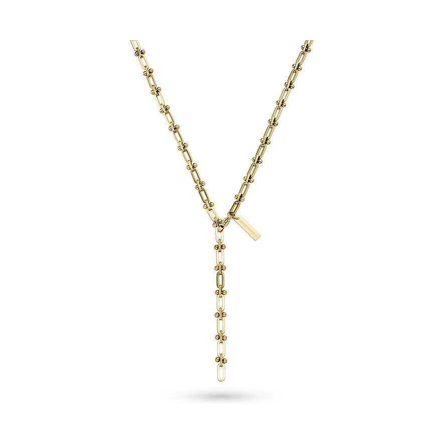 Ett guldpläterat Liebeskind-halsband i rostfritt stål med en Y-formad kedja och ett hänge.