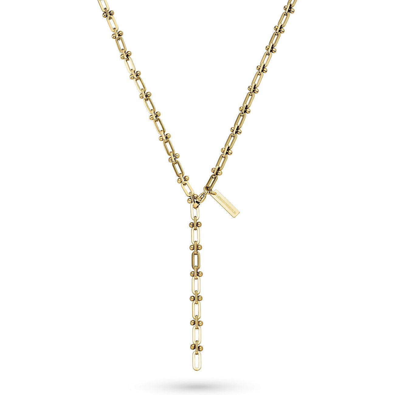 Ett guldpläterat Liebeskind-halsband i rostfritt stål med en Y-formad kedja och ett hänge.