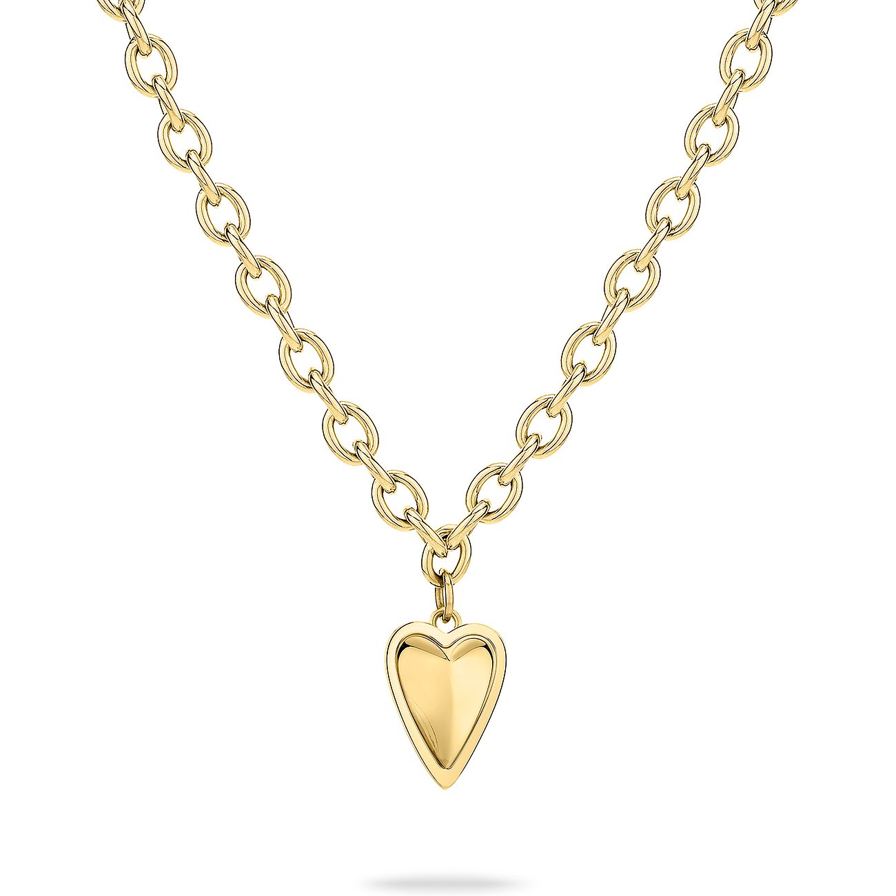 Liebeskind ketting: Een goudkleurige roestvrijstalen ketting met een hartvormige hanger.