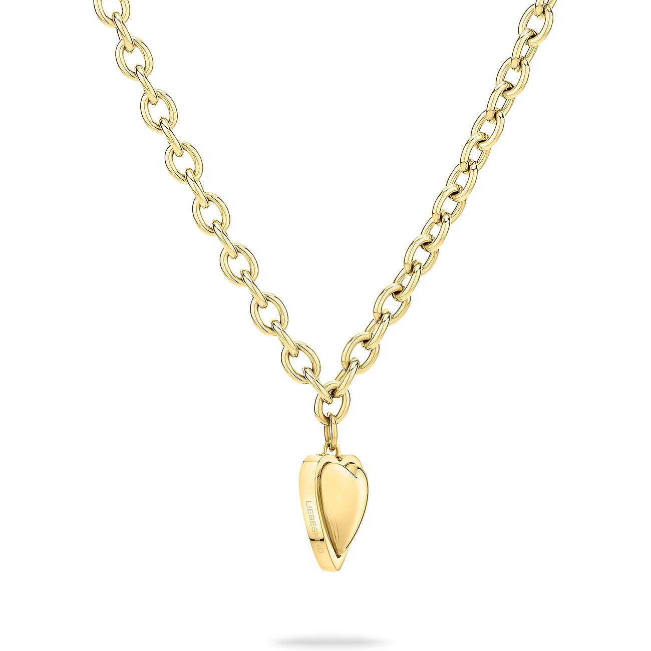 Liebeskind ketting van goudkleurig roestvrij staal met hartvormige hanger. De ketting ligt in een hartvormige opstelling.