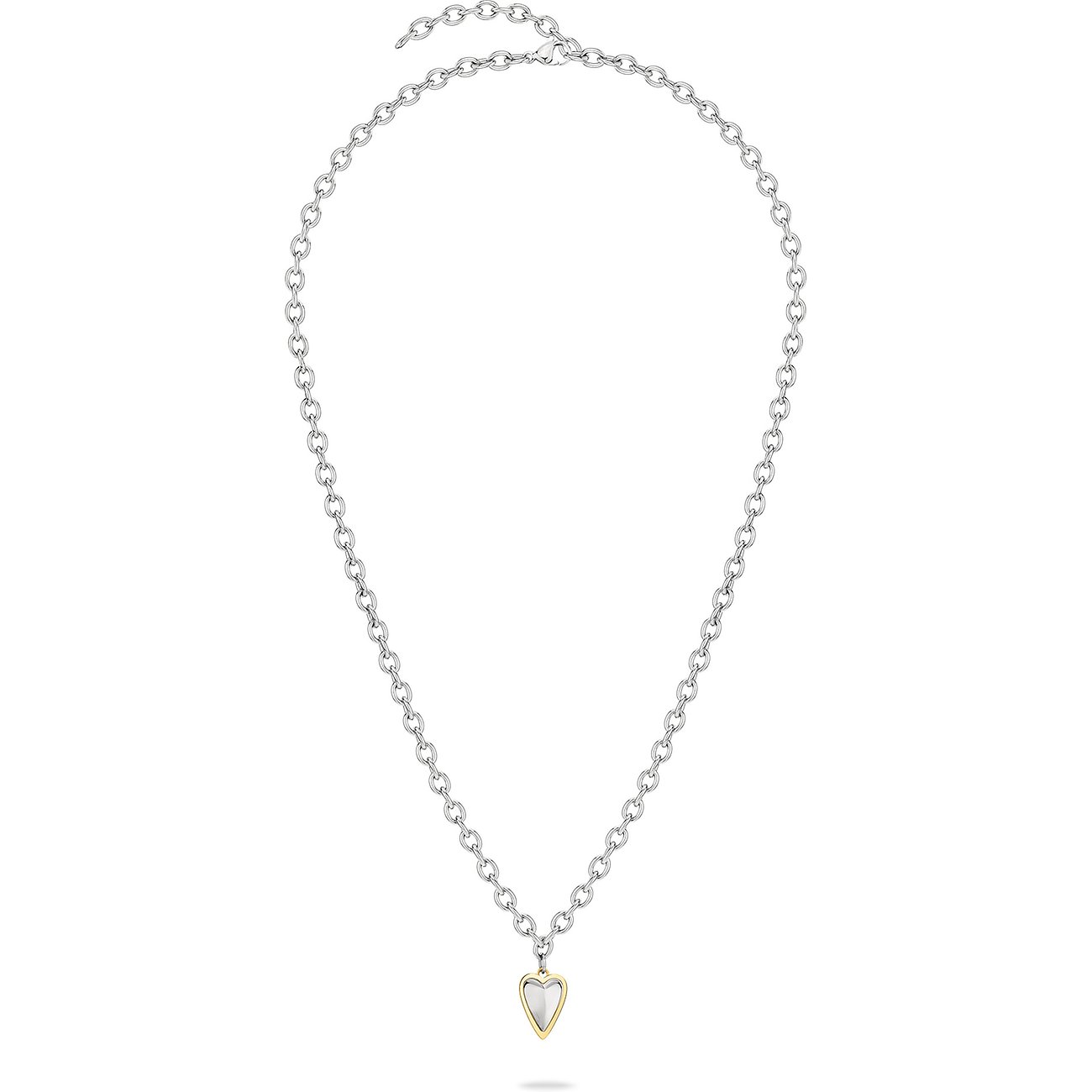 Liebeskind ketting: een korte zilverkleurige roestvrijstalen ketting met een hartvormige hanger.