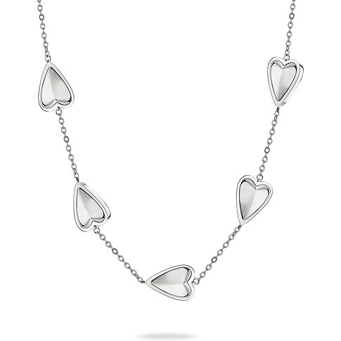 Collana Liebeskind: catena in acciaio inossidabile con cinque cuori lisci color argento, fissati a intervalli.