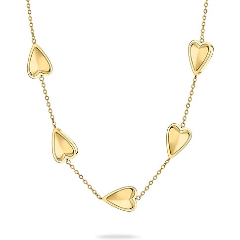 Collana Liebeskind in acciaio inossidabile color oro con cinque cuori lucidi su catenina sottile.