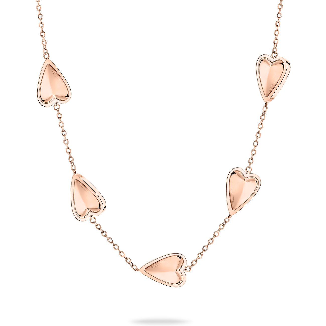Liebeskind halsketting van roségoudkleurig roestvrij staal met vijf harten verdeeld over de ketting.