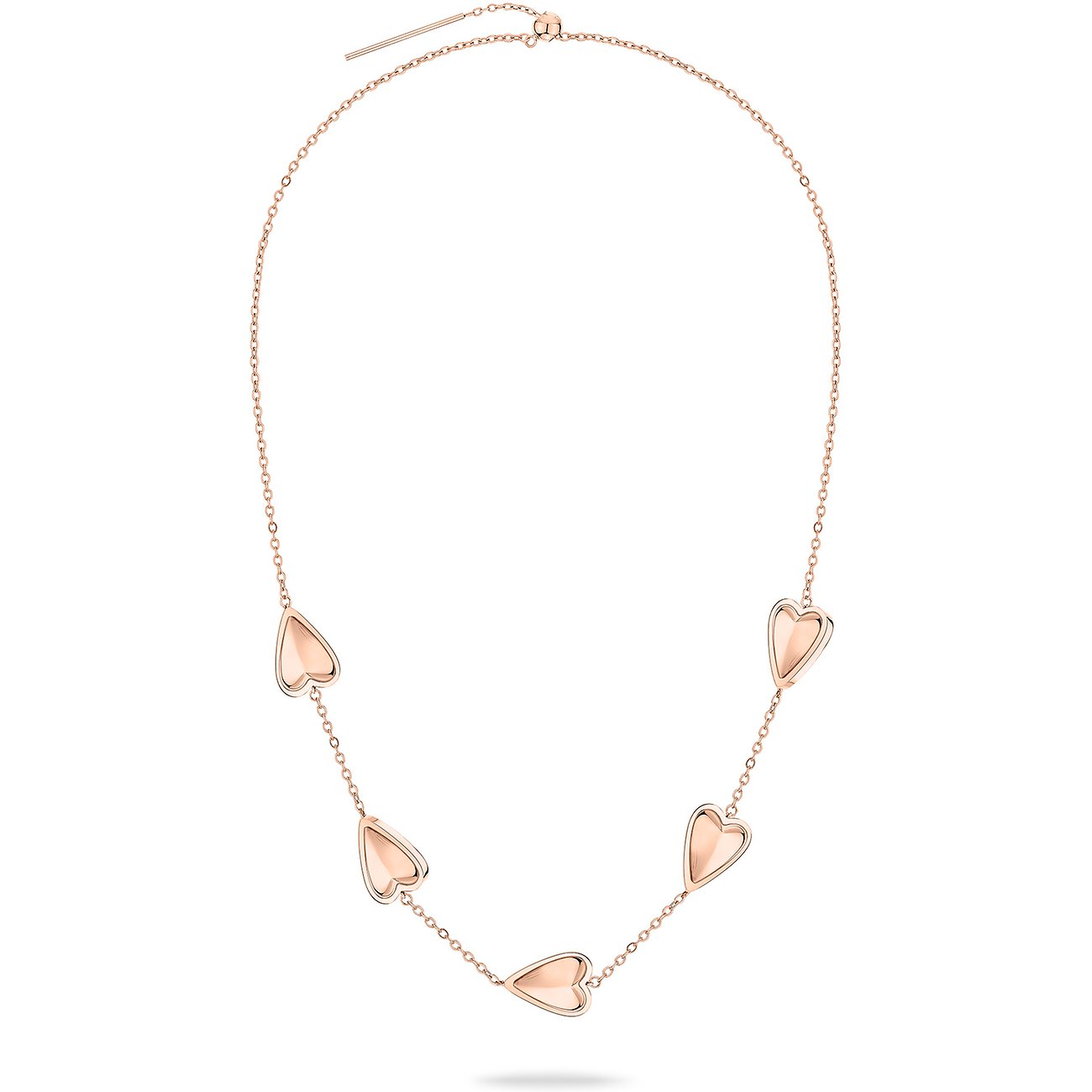 Liebeskind halsketting van roségoudkleurig roestvrij staal met vijf hartvormige hangers.