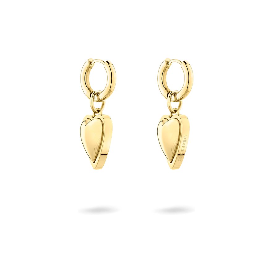 Liebeskind Ohrschmuck: Goldfarbene Edelstahl-Ohrringe mit glänzenden herzförmigen Anhängern.